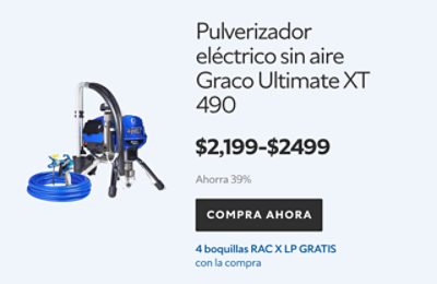 Pulverizador eléctrico sin aire Graco Ultimate XT 490. $2199-2499. Ahorra 39%. Compra ahora. 4 boquillas RAC X LP gratis con la compra.