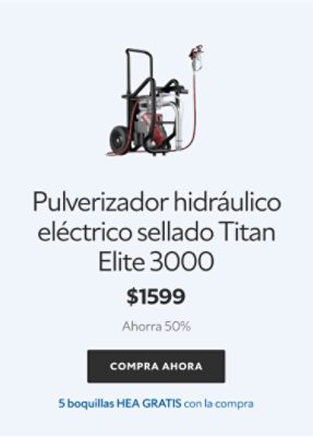 Pulverizador hidráulico eléctrico sellado Titan Elite 3000. $1599. Ahorra 50%. Compra ahora. 5 boquillas HEA gratis con la compra.