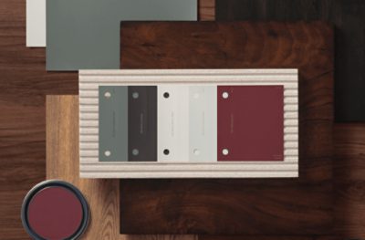 A palette of color swatches with different textile and wood samples.