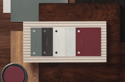 A palette of color swatches with different textile and wood samples.