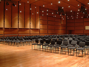 Spacious auditorium with wood finishes, ideal for showcasing Sayerlack’s fire-retardant coatings for public spaces.