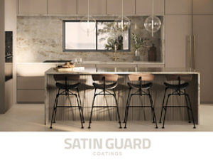 Modern kitchen with wood and marble surfaces, protected by Sayerlack Satin Guard Coatings.