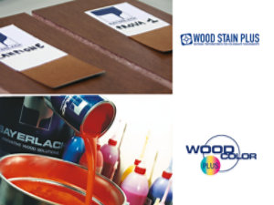 Red wood coating being poured into a container, with various color options displayed.