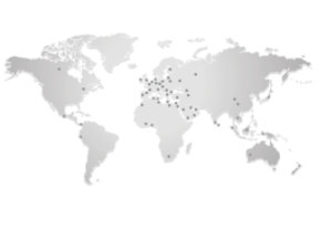 World map with black dots marking locations, mostly in Europe, and others across all continents.