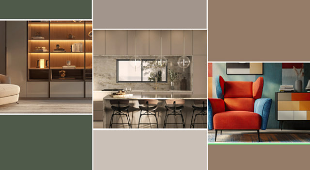 Modern interiors with wooden shelving, marble kitchen island, and colorful living room.