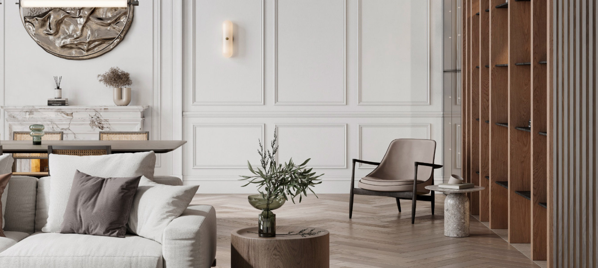 Elegant living room with light sofa, wooden coffee table, and wall paneling, featuring warm wood shelving and modern decor.
