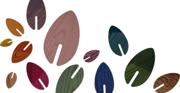 Fan-shaped display of coloured wood samples showing different finishes and tones from the CROMALIA tintometric system.