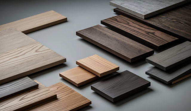 wooden panels painted in a variety of colors, showcasing a wide range of wood stains and finishes from warm reds and yellows to cool blues, greens, and neutrals