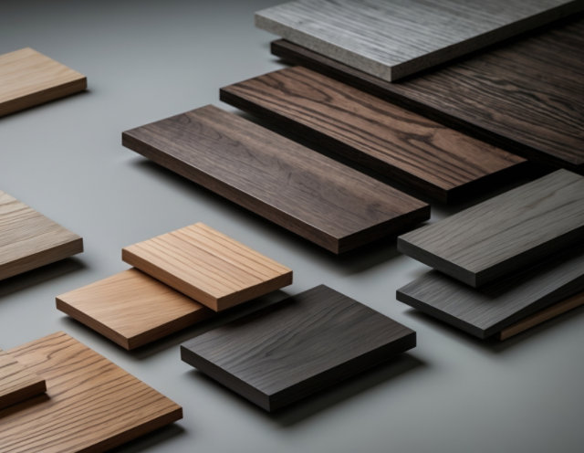 wooden panels painted in a variety of colors, showcasing a wide range of wood stains and finishes from warm reds and yellows to cool blues, greens, and neutrals