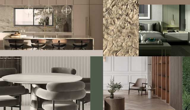 Sayerlack interior design collage showcasing modern kitchens, bedrooms, and living spaces with elegant finishes and natural textures.