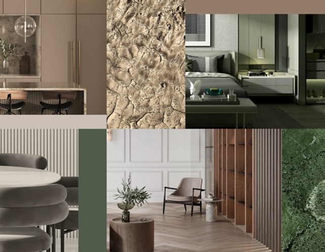 Sayerlack interior design collage showcasing modern kitchens, bedrooms, and living spaces with elegant finishes and natural textures.