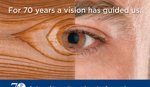 Sayerlack 70th anniversary graphic with wood texture and eye, tagline ‘For 70 years a vision has guided us.