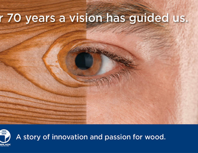 Sayerlack 70th anniversary graphic with wood texture and eye, tagline ‘For 70 years a vision has guided us.