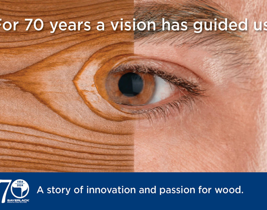 Sayerlack 70th anniversary graphic with wood texture and eye, tagline ‘For 70 years a vision has guided us.