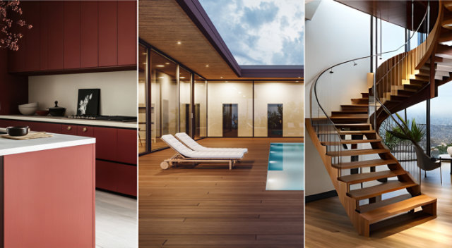 Modern interiors featuring a red kitchen, wooden poolside deck, and spiral staircase with panoramic view.