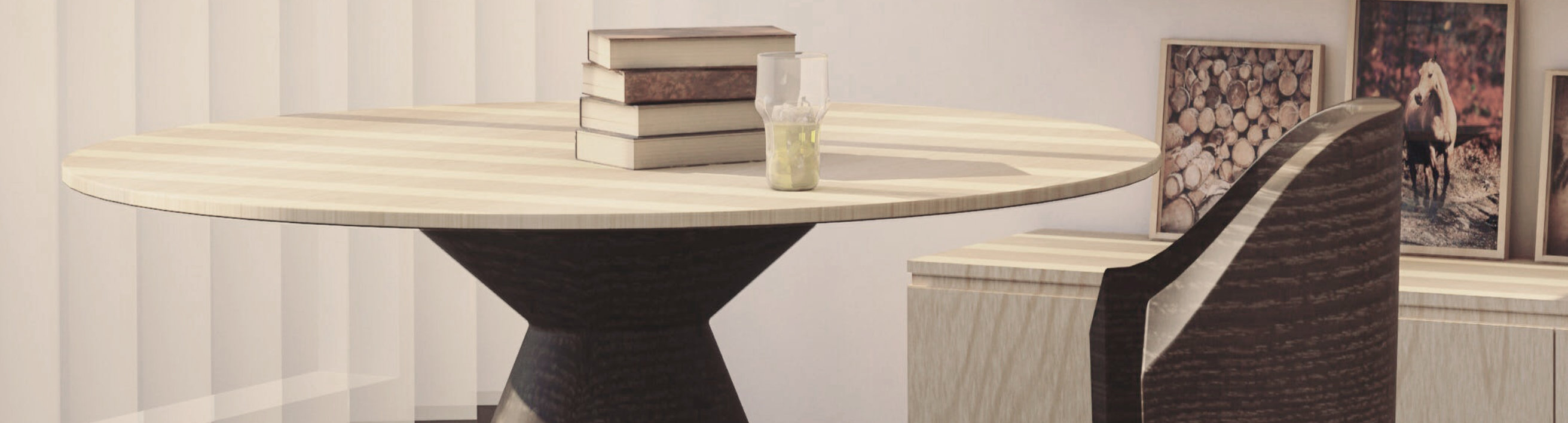 Contemporary dining area with a round wooden table, sculptural base, matching chair, pendant lights, and light wood shelving.