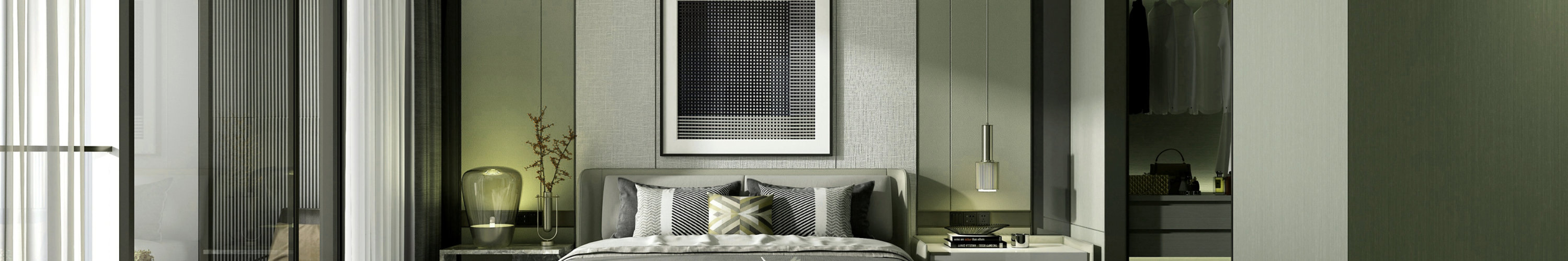 Elegant bedroom with neutral tones, upholstered bed, bench, large artwork, and built-in wardrobe with glass doors.