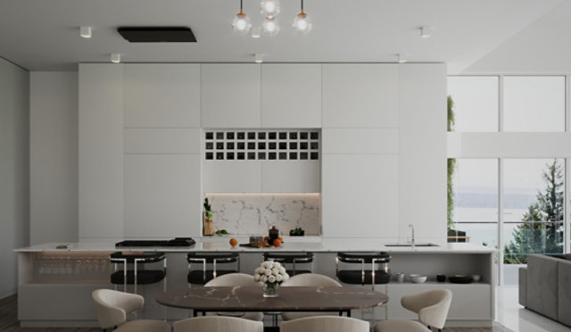 Modern kitchen with white cabinetry, marble backsplash, wooden flooring, and a dining table with upholstered chairs under a chandelier.