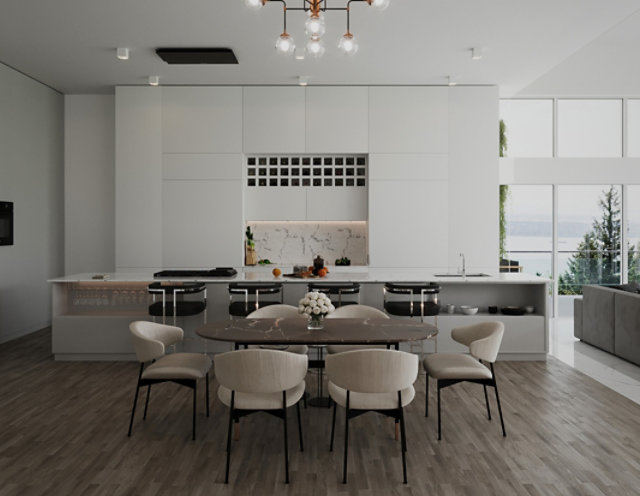 Modern kitchen with white cabinetry, marble backsplash, wooden flooring, and a dining table with upholstered chairs under a chandelier.
