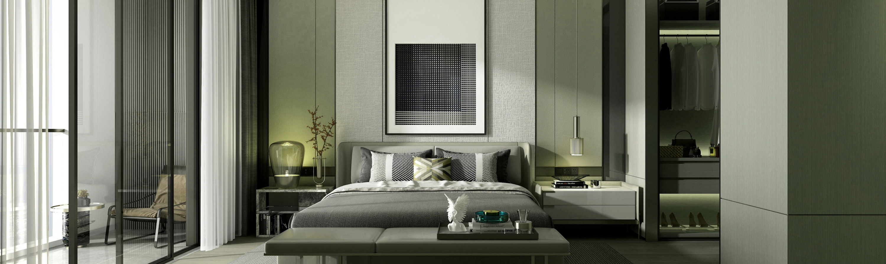 Modern bedroom with large bed, bench, open closet, and floor-to-ceiling windows.