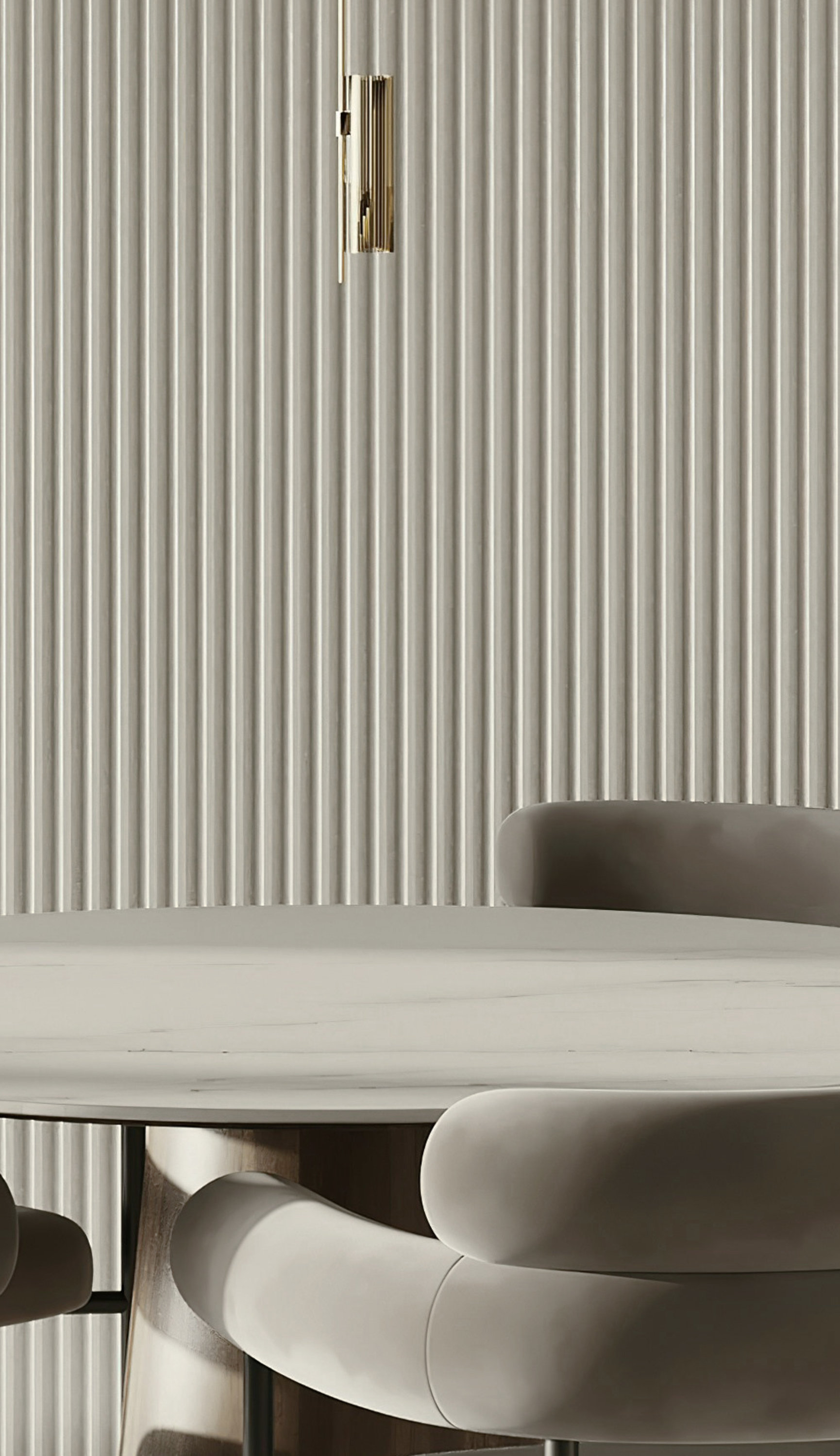 Elegant minimalist dining room with round table, cushioned chairs, and layered pendant light.