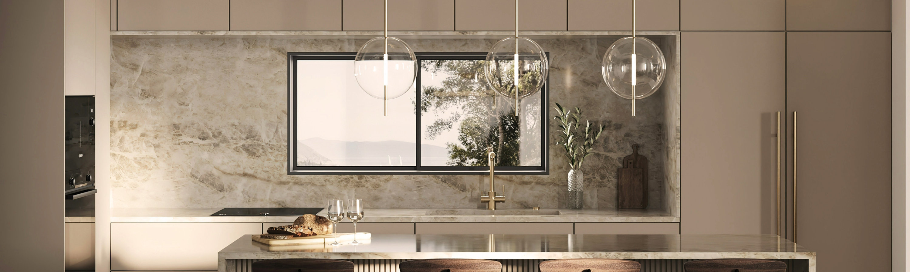 Minimalist kitchen with marble island, bar stools, and pendant lights.