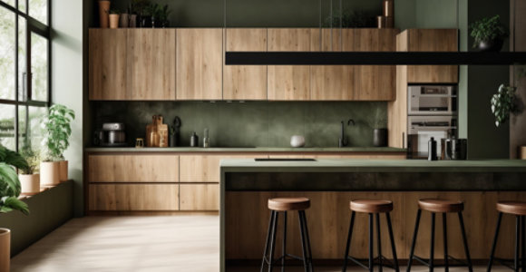 Contemporary kitchen with wood cabinetry, green countertops, central island, and natural light.