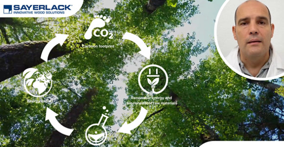 Sustainability cycle infographic over a forest canopy, showing carbon footprint, energy impact, chemical and physical performance, and renewable energy with bio-based raw materials. Includes Sayerlack and Sherwin-Williams logos.