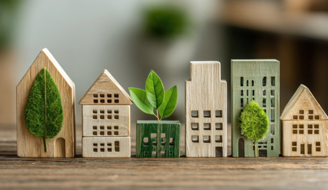 Miniature wooden buildings with green elements symbolizing eco-friendly architecture.