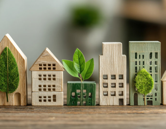 Miniature wooden buildings with green elements symbolizing eco-friendly architecture.