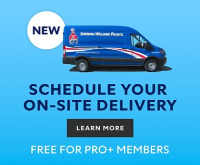 PRO+ Scheduled Delivery graphic of Sherwin-Williams delivery truck with the text "Schedule your on-site delivery. Free for PRO+ members."