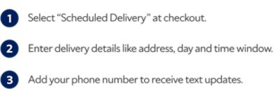 1. Select "Scheduled Delivery" at checkout. 2. Enter delivery details like address, day and time window. 3. Add your phone number to receive text updates.