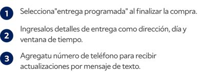 1. Selecciona "entrega programada" al finalizar la compra. 2. Ingresalos detalles de entrega como dirección, día y ventana de tiempo. 3. Agregatu número de teléfono para recibir actualizaciones por mensaje de texto.