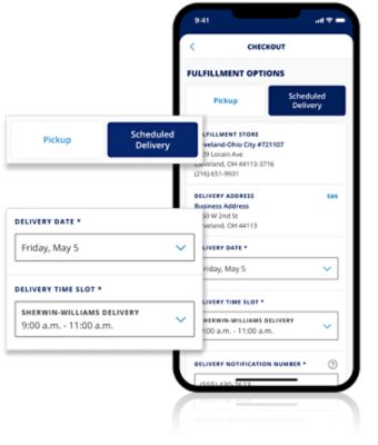 A checkout screen using Scheduled Delivery in the Sherwin-Williams PRO+ App.
