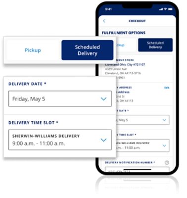 A checkout screen using Scheduled Delivery in the Sherwin-Williams PRO+ App.