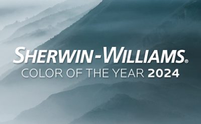 Sherwin-Williams Color of the Year 2024 logo on background image of a misty mountain range.