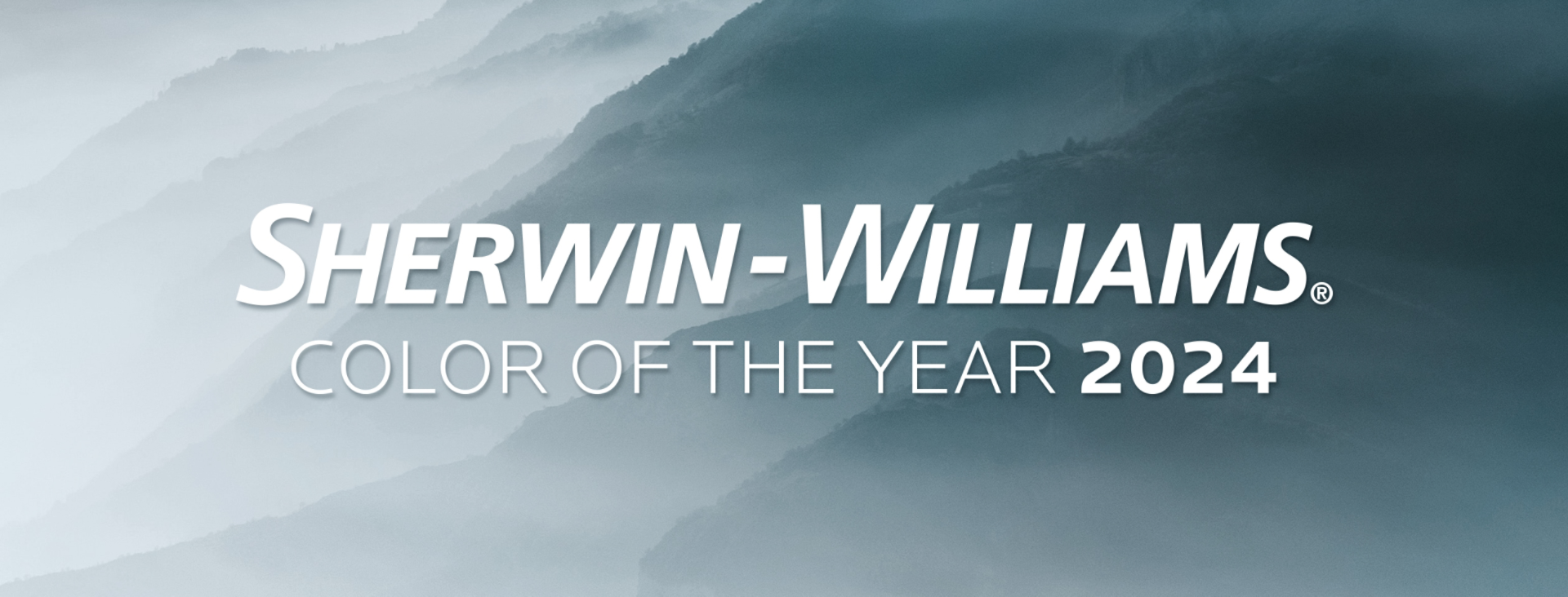 Sherwin-Williams Color of the Year 2024 logo on background image of a misty mountain range.