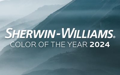 Sherwin-Williams Color of the Year 2024 logo on background image of a misty mountain range.