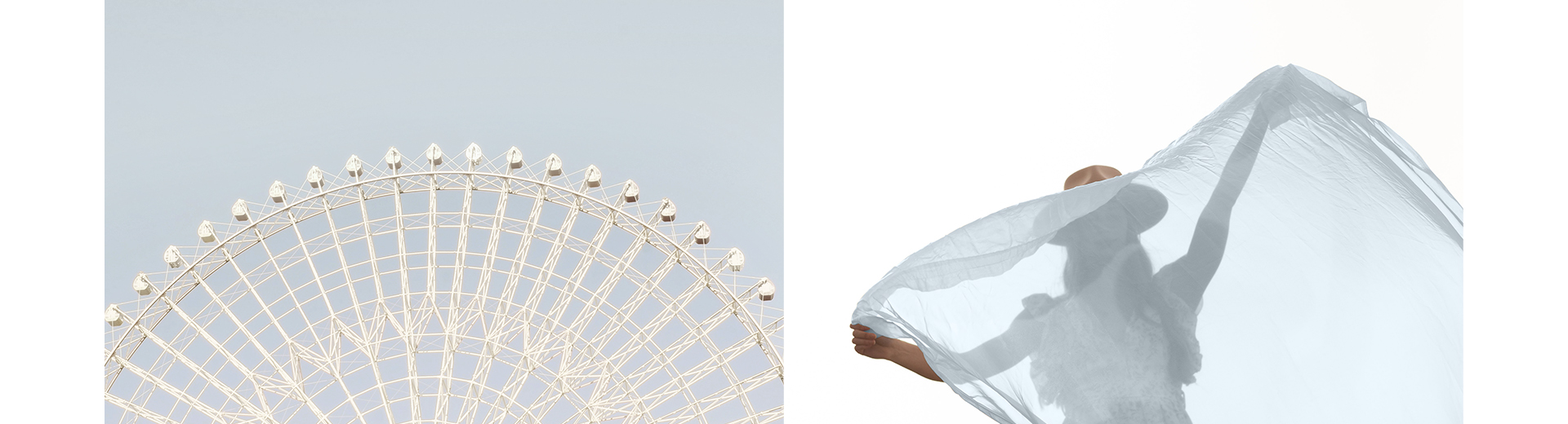 First image: Large Ferris wheel against a pale blue-gray sky. Second image: Woman in a hat silhouetted in front of a bright daytime sky and obscured behind a sheer light blue-gray fabric.