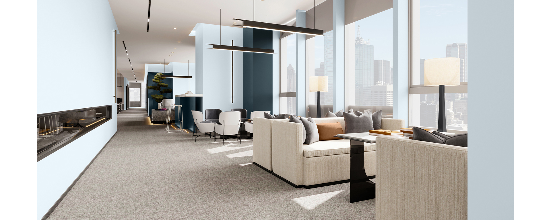 Urban interior with comfortable beige seating, floor-to-ceiling windows overlooking cityscape, light and dark blue color scheme with gray and black hardware and accessories.