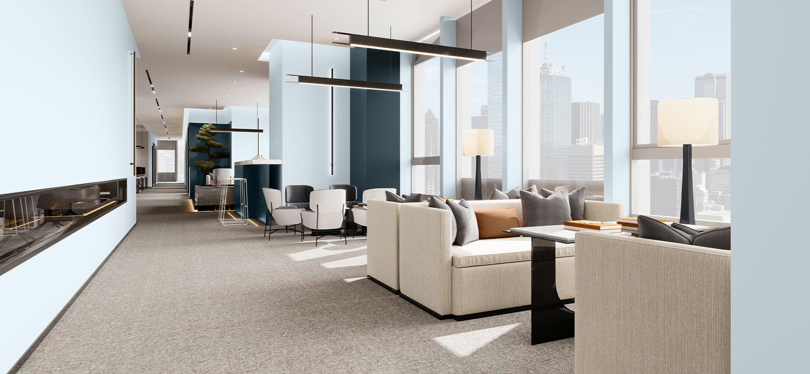 Urban interior with comfortable beige seating, floor-to-ceiling windows overlooking cityscape, light and dark blue color scheme with gray and black hardware and accessories.