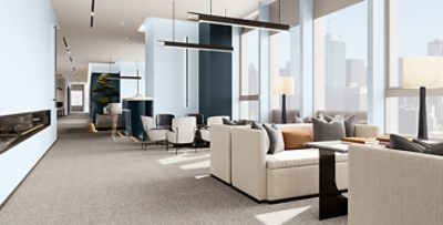 Urban interior with comfortable beige seating, floor-to-ceiling windows overlooking cityscape, light and dark blue color scheme with gray and black hardware and accessories.