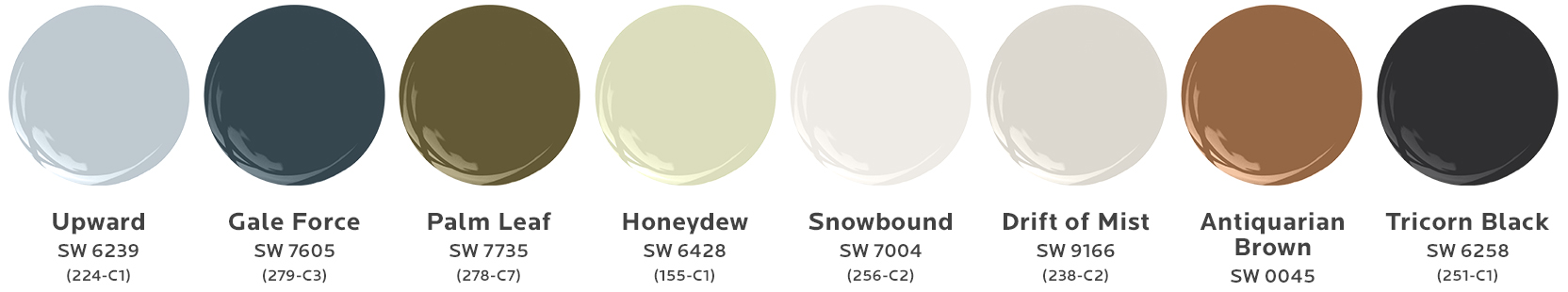 Graphic of eight paint dollops including Sherwin-Williams Color of the Year and its seven coordinating colors.