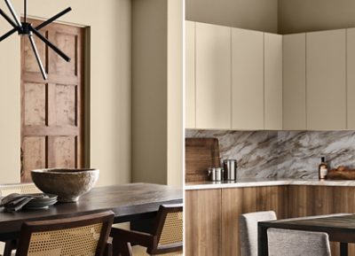 Modern living room with Universal Khaki walls, Dark Auburn painted fireplace, beige sofa, dark vase with flowers, and a glass-topped coffee table. 