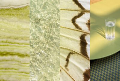 A collage of four panels showing striated green stone, the shimmering surface of water, a butterfly wing closeup, and a glass of water on a light green tabletop, all representative of Celery, the Sherwin-Williams Color of the Year.