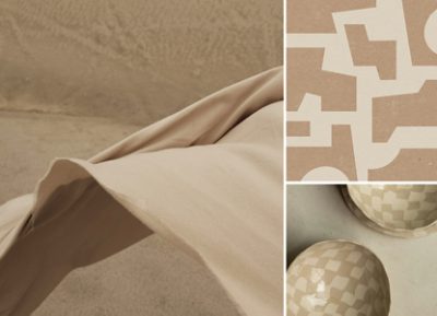 Collage of inspirational imagery for the 2026 Color of the Year, including draped khaki fabric, a geometric pattern, and ceramic bowls with a beige checkered design.
