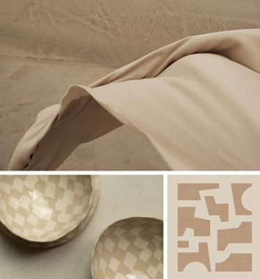 Collage of inspirational imagery for the 2026 Color of the Year, including draped khaki fabric, a geometric pattern, and ceramic bowls with a beige checkered design.