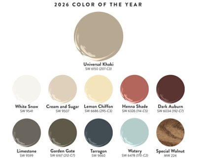 One large paint dollop graphic of Universal Khaki centered over swatches of the 2026 Color of the Year coordinating palette: White Snow, Cream and Sugar, Lemon Chiffon, Henna Shade, Dark Auburn, Limestone, Garden Gate, Tarragon, Watery, and Minwax stain Special Walnut.
