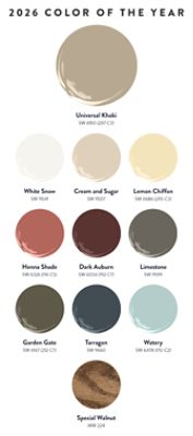 One large paint dollop graphic of Universal Khaki centered over swatches of the 2026 Color of the Year coordinating palette: White Snow, Cream and Sugar, Lemon Chiffon, Henna Shade, Dark Auburn, Limestone, Garden Gate, Tarragon, Watery, and Minwax stain Special Walnut.