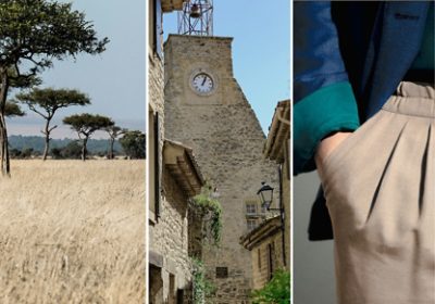 Triptych displaying images evoked by the 2026 Color of the Year: an African landscape, a rustic village street with a clock tower, and a closeup of a person’s hand in a khaki trouser pocket. 